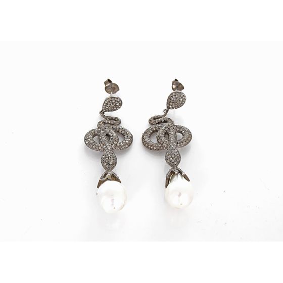 Amazing Black Diamond, Baroque Pearl, and Oxidized Sterling Silver Snake Earrings