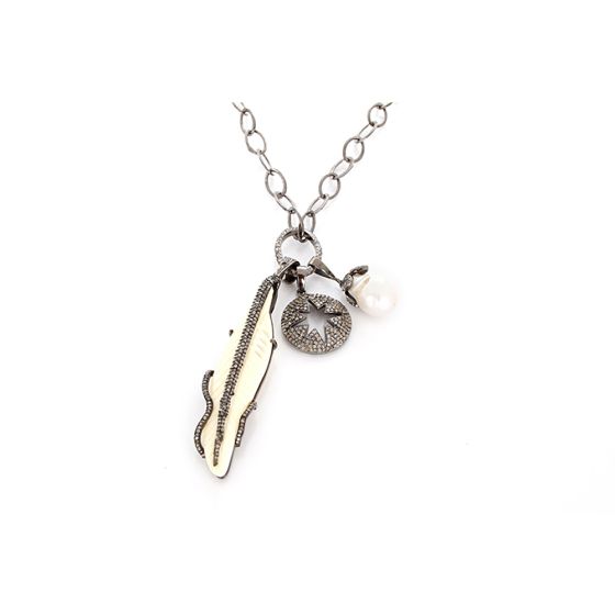 Amazing Sterling Silver, Black Diamond, Baroque Pearl, and Oxen Bone Necklace