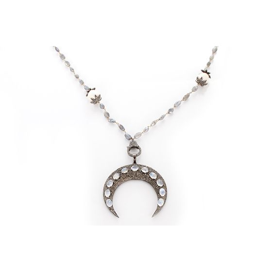 Moonstone, Labradorite, Pearl, & Diamond Crescent Necklace