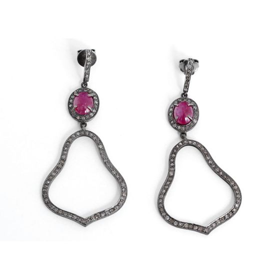 Ruby and Diamond Oxidized Sterling Silver Dangle Earrings