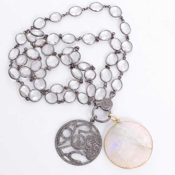 Beautiful Clear Quartz, Diamond,  Moonstone Pendant Necklace 