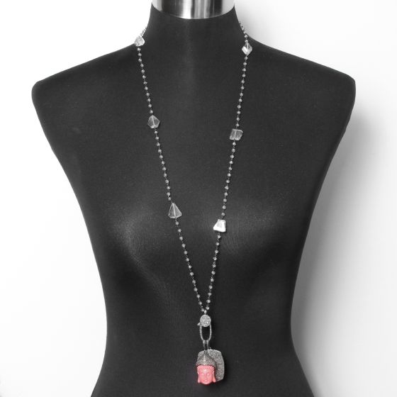 Clear Quartz, Diamond, Coral Buddha and Dog Tag Pendant Necklace