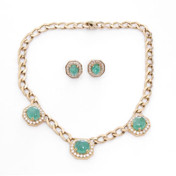 18K Yellow Gold Emerald and Diamond Necklace & Earring Set