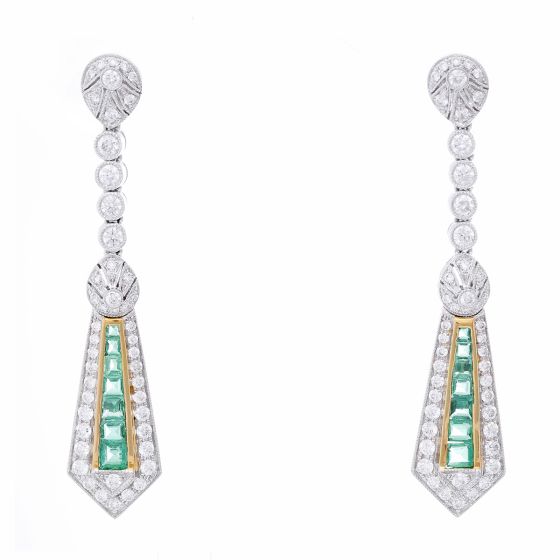 18K Art Deco Dangling Emerald & Diamond Earrings