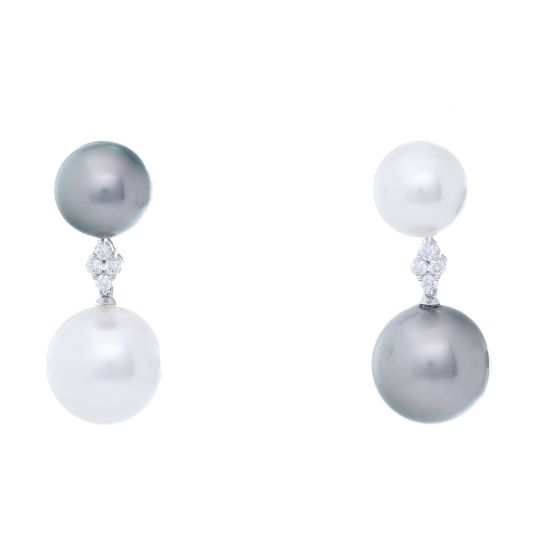 18K Stainless Steel Tahitian Pearl & Diamond Earrings