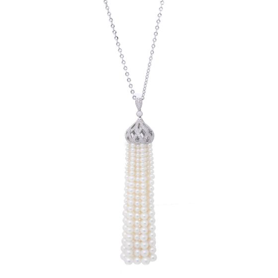 18K White Gold diamond & Pearl Tassel Necklace 