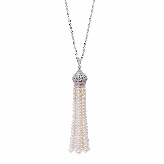 18k White Gold Pearl & Diamond Tassel Necklace