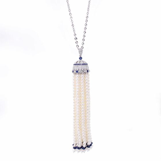 18k White Gold Pearl, Diamond and Sapphire Tassle Necklace