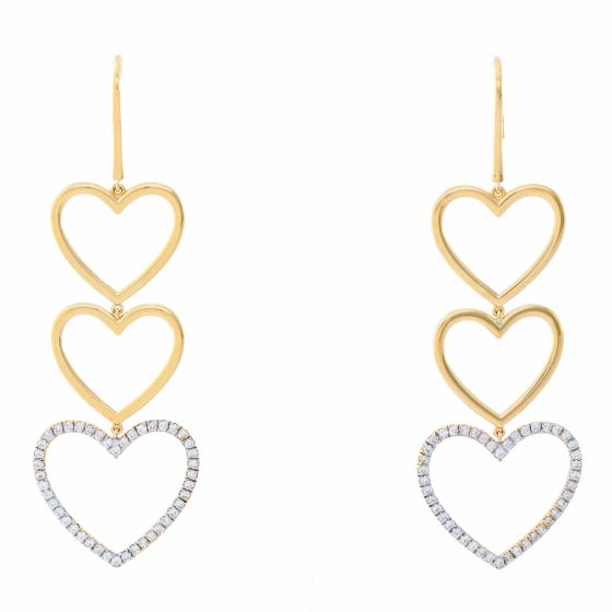 18K Yellow Gold Heart  Dangle Diamond Earrings