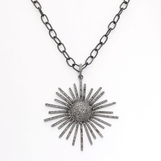 Sliced Diamond and Oxidized Sterling Silver Starburst Necklace
