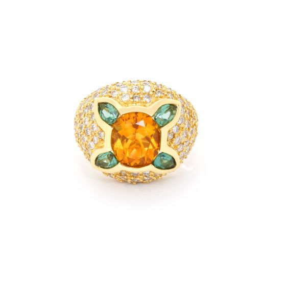 18K Yellow Gold Orange and Green Stone with Diamonds Ring SZ. 7