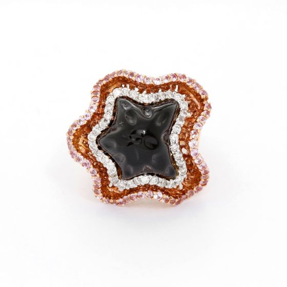 18K Rose Gold Black Stone with Pink Sapphire Star Ring SZ. 7