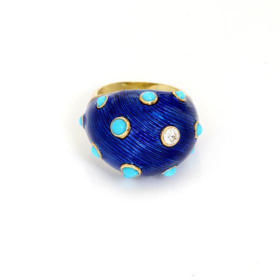 Carvin French Turquoise , Diamond and Enamel Dome Ring Size 7 1/4