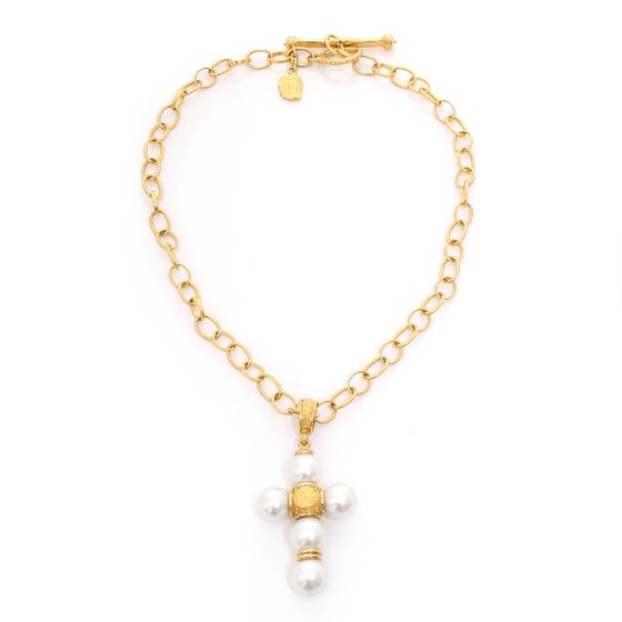Denise Roberge Cultured Pearl and 22K Yellow Gold Cross Pendant Necklace