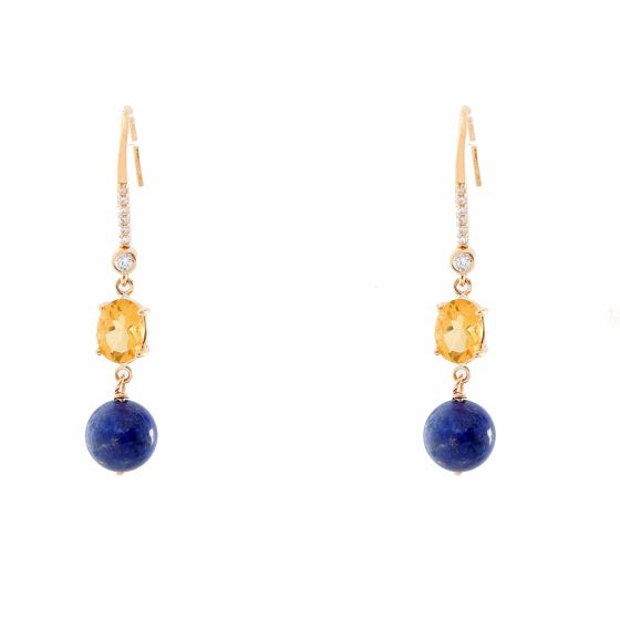 14K Yellow Gold Citrine and Blue Lapiz Diamond Dangle Earrings
