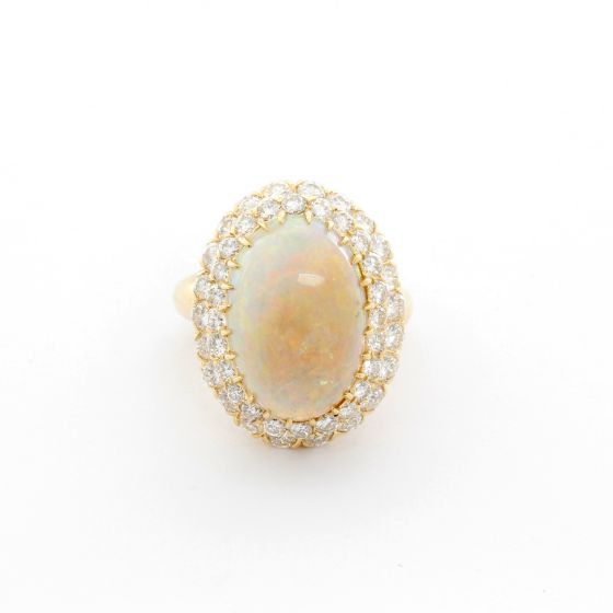 Brilliant Crystal Opal and Diamond Yellow Gold Ring Size 6.5