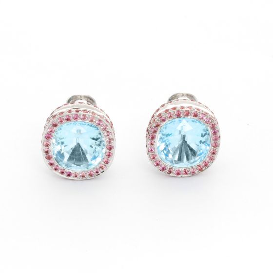 18K White Gold Blue Topaz and Pink Sapphire Earrings