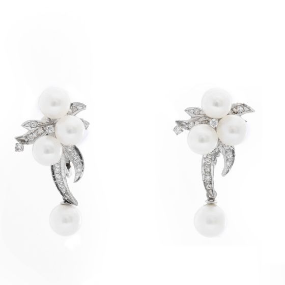 14K White Gold Pearl and Diamond Earrings