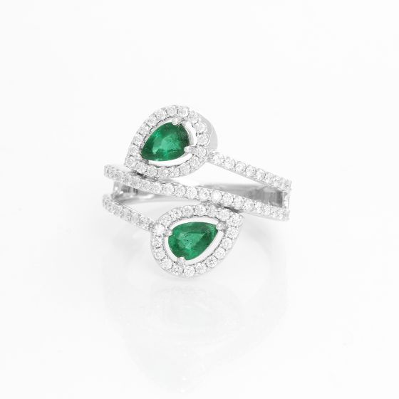 Dual Pear Emerald 14K White Gold Ring Size 7