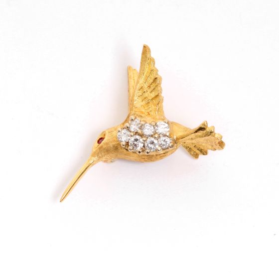 Beautiful Hummingbird Diamond and Ruby Brooch