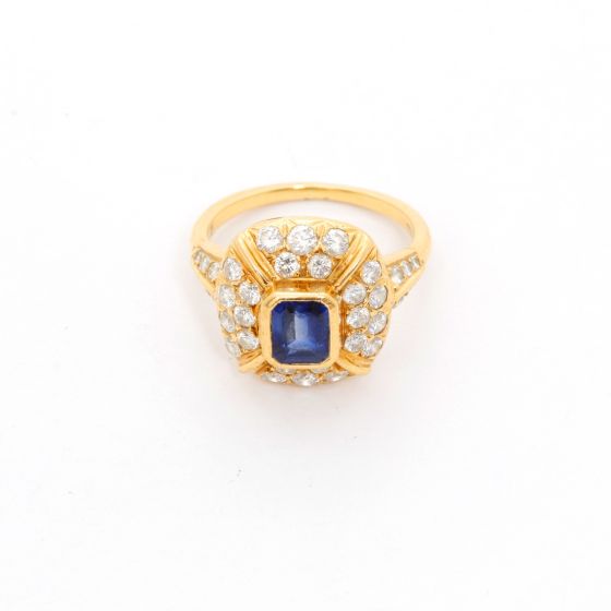 Unique Sapphire and Diamond 18K Yellow Gold Ring SZ 7 1/4
