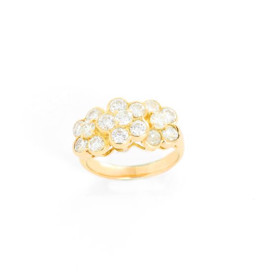 18K Yellow Gold Three Flower Diamond Ring Size 6.5