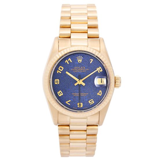 Rolex Midsize President 18K Yellow Gold Men's Or Ladies Blue Dial Watch 68278