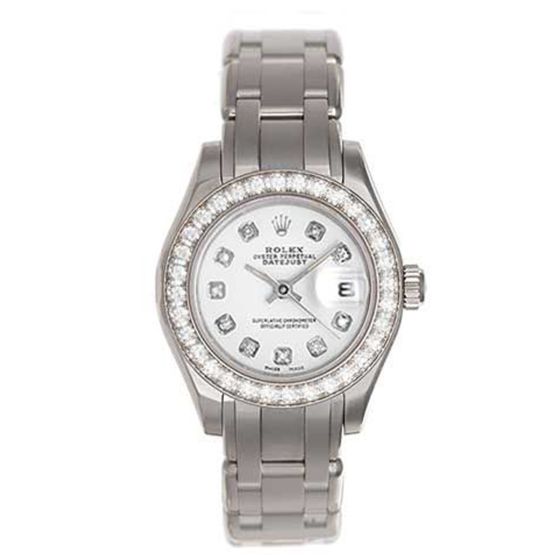 Rolex Ladies Diamond Pearlmaster 18k White Gold Watch 80299