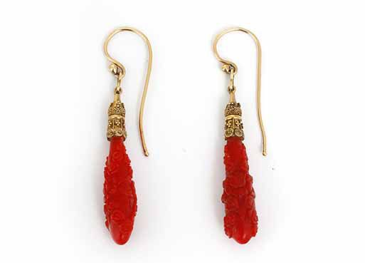 Antique Gold and Carved Coral Drop Earrings