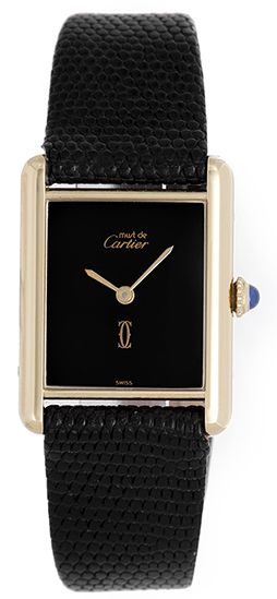 Cartier Tank Gold Plaque Watch on Black Lizard Strap Band 