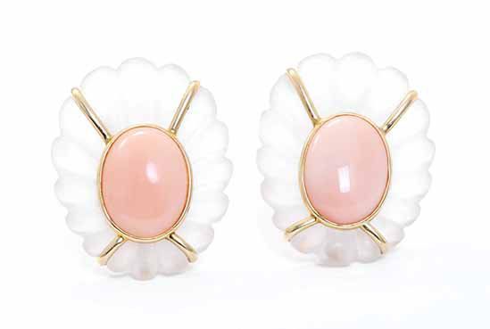 Beautiful 14k Yellow Gold Rock Crystal and Coral Earrings