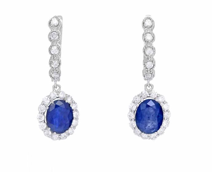 14k White Gold Diamond and Sapphire Dangle Earrings