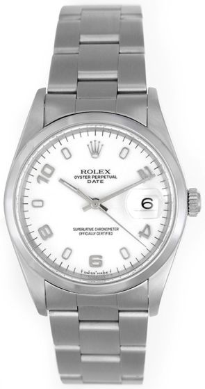 Rolex Date Men's Stainless Steel Watch White Arabic Dial 15200