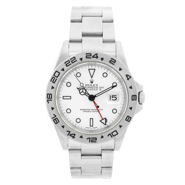 Rolex Explorer pre-owned watch in stainless steel and a white dial.