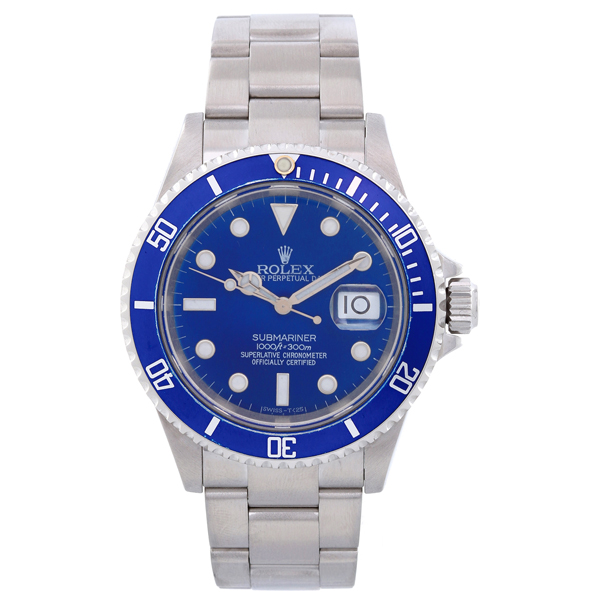Rolex Submariner pre-owned mens watch with a custom blue dial in stainless-steel.