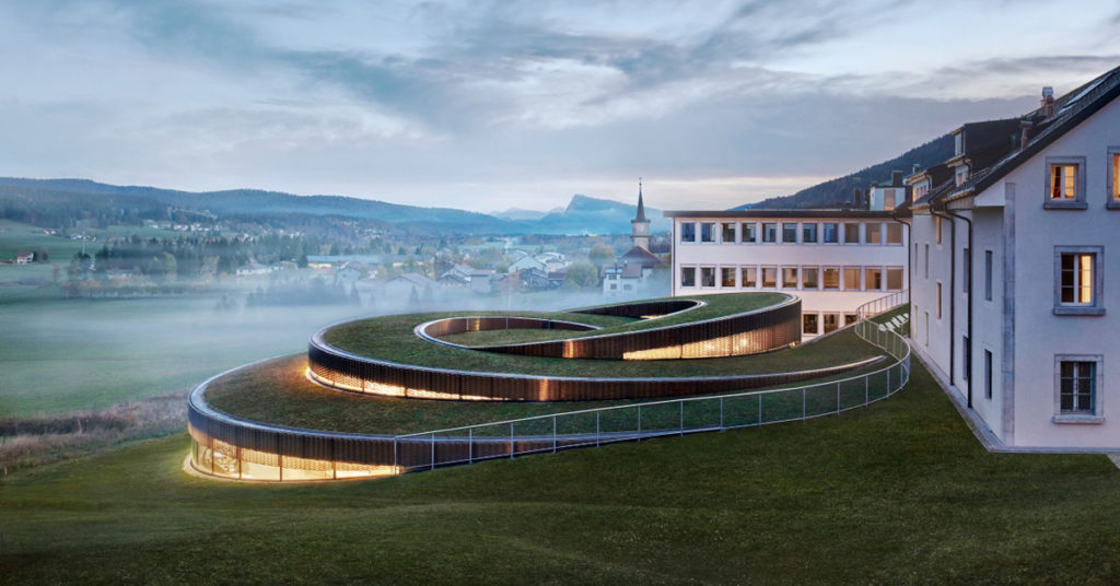 A view of the spiral structure of Musee Atelier Audemars Piguet in Le Brassus, Switzerland.