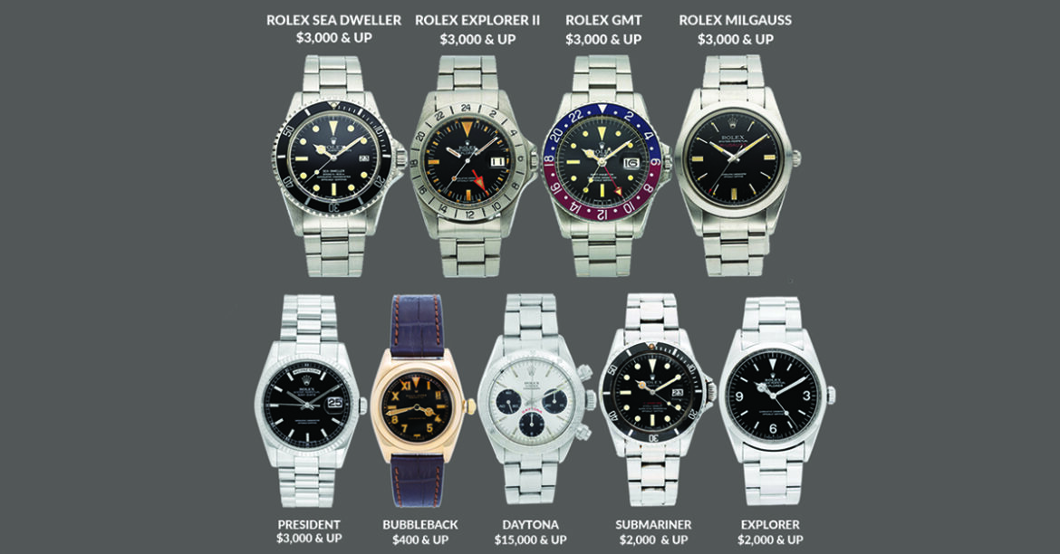 A group of luxury timepieces available for watch trading.