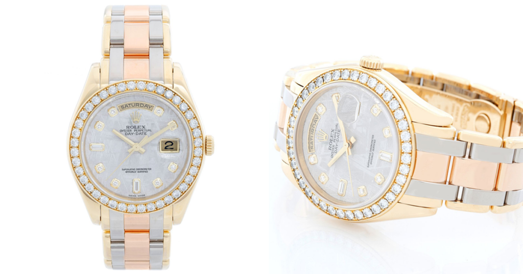 Rose gold Rolex Masterpiece watch with diamonds, front and side views.