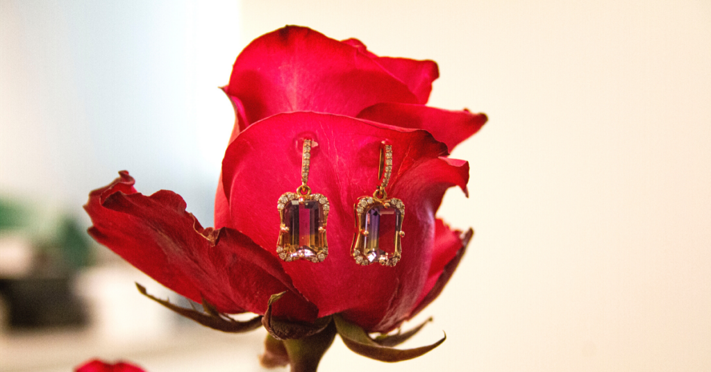 Ametrine earrings with diamonds and rose gold.