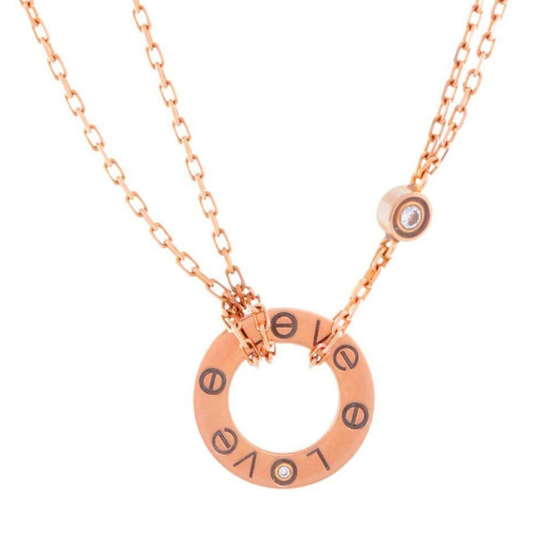 Cartier Love necklace in rose gold with diamonds.