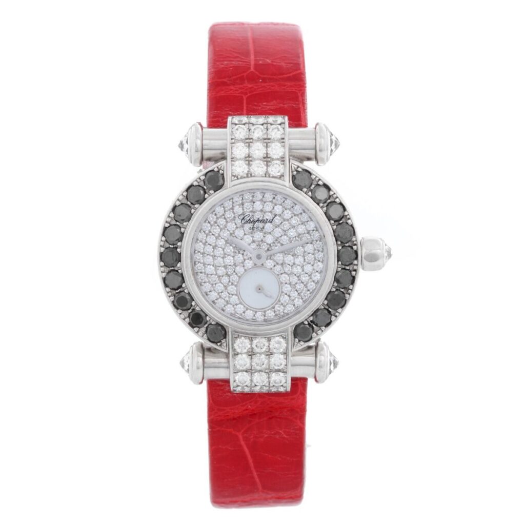 Chopard Imperial watch with black diamonds, white diamonds and a red alligator strap.