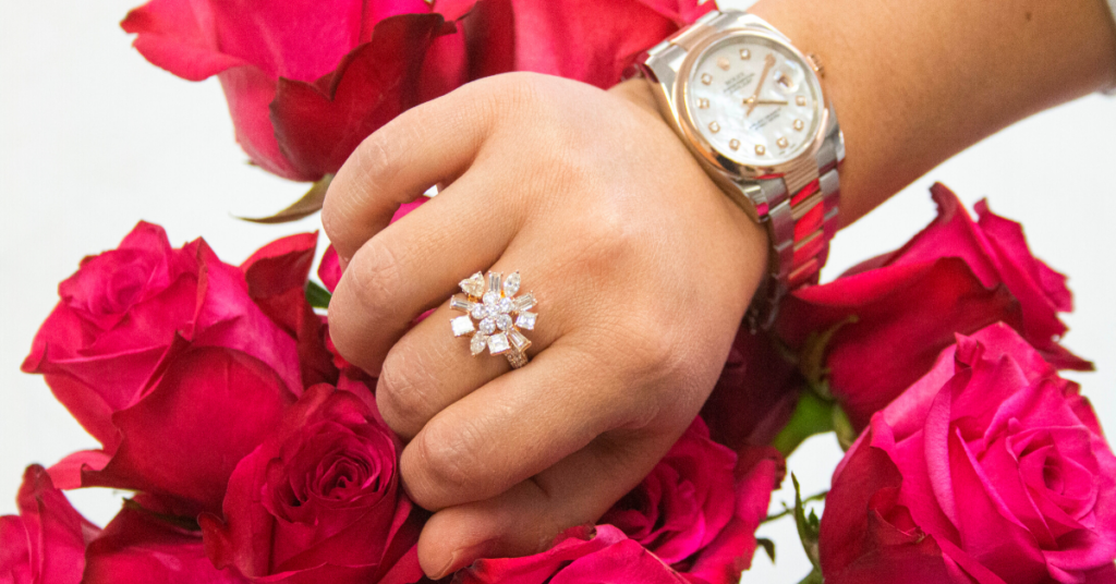 Rose gold diamond flower ring.