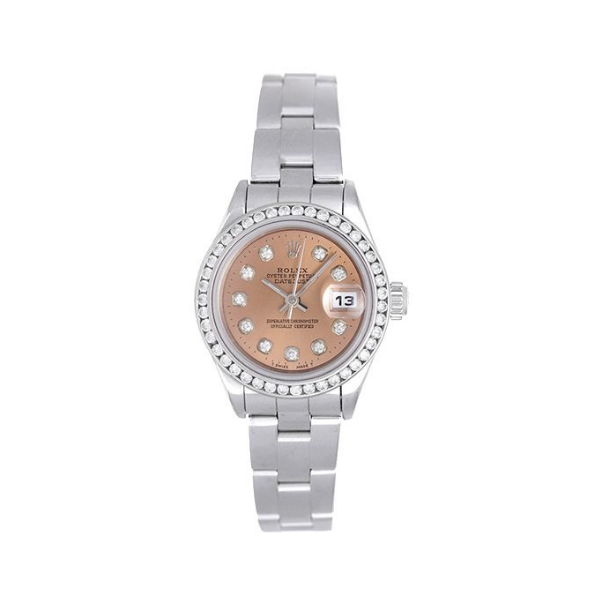 Rolex Datejust ladies stainless steel watch with a custom diamond bezel, salmon dial with custom diamond hour markers.