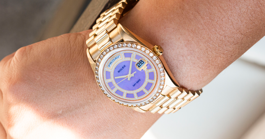 Rolex President Day-Date Men's 18k Gold Watch 118238 Lilac Stone Carousel Diamond Dial