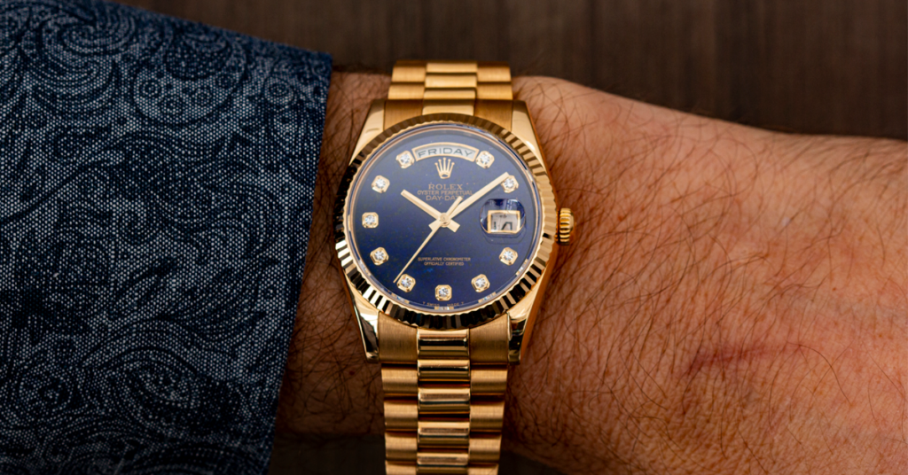 Gold Rolex Oyster Perpetual Day-Date with a Lapis Dial