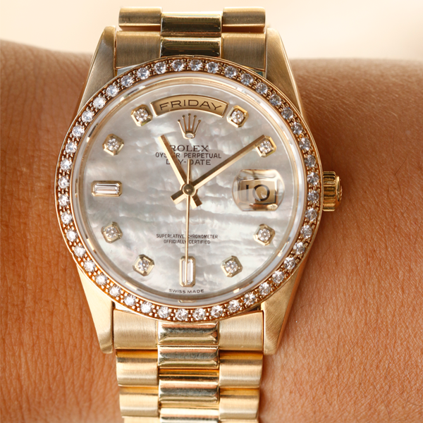 18K Gold Rolex Oyster Perpetual Day-Date-with Mother of Pearl Dial 