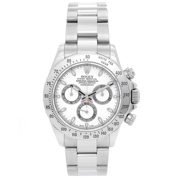 Rolex Daytona Chronograph Men's Stainless Steel Watch with a white dial..