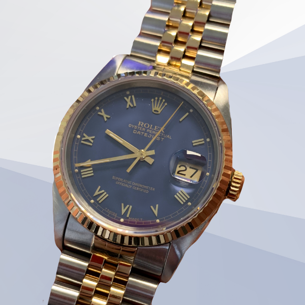 Rolex Datejust 16233 Two-tone watch with a blue dial.