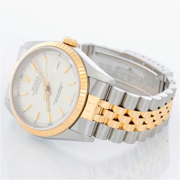 Rolex Datejust 16233 two-tone watch with a silver dial.