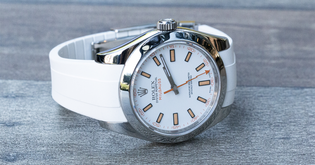 Father's Day Gift Guide Rolex Milgauss with White Band and dial.